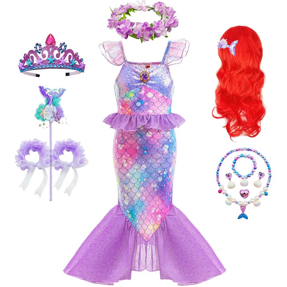 Robe princesse sirène violette pour filles - Costume queue de poisson, fête carnaval ou Halloween