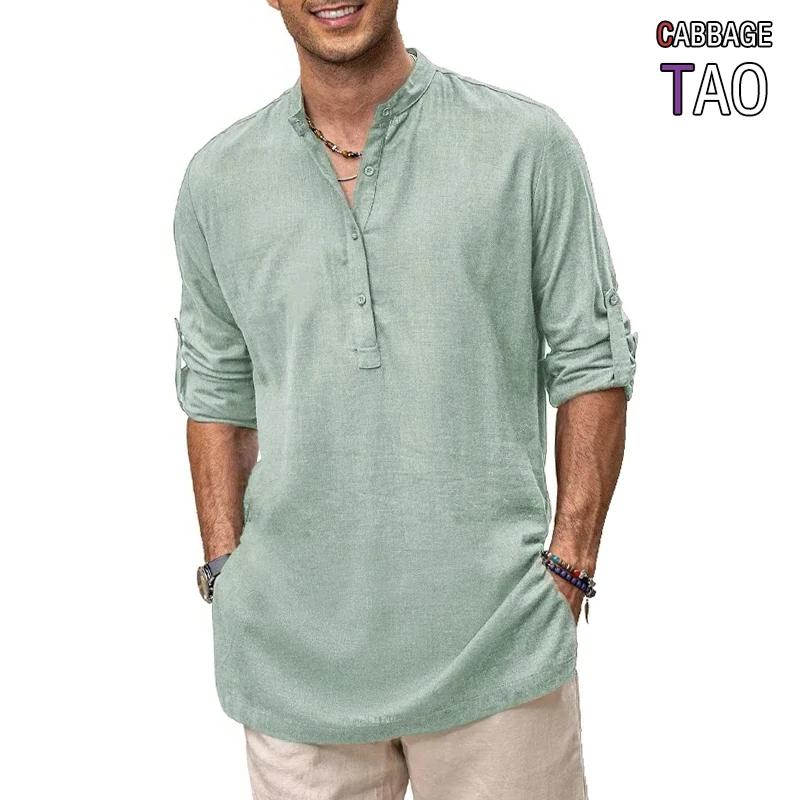 Chemise Henley en coton surdimensionnée pour homme, décontractée, légère, à manches longues, élégant