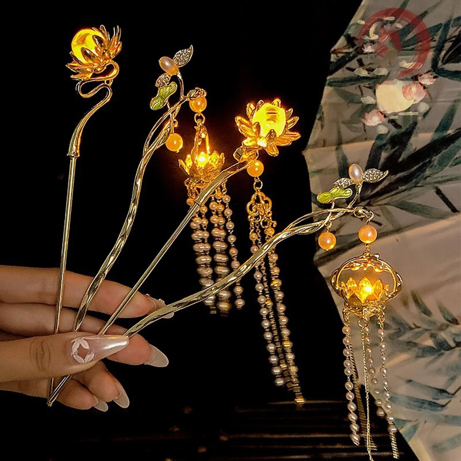 Épingle à cheveux à fleurs lumineuses pour femmes, lanterne créative en forme de Lotus, bâton à pomp