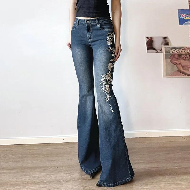 Jean Baggy rétro Y2k pour femmes, broderie florale, Vintage des années 2000, taille basse, pantalon 