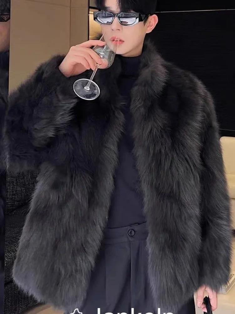 Imitation de fourrure épaissie hommes fausse fourrure de renard manteau mâle chaud pardessus à manch
