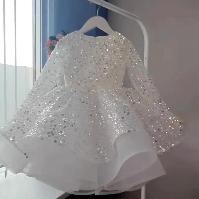 Robe de princesse pour filles, tenue de cérémonie, robe blanche à sequins pour anniversaire, tutu po