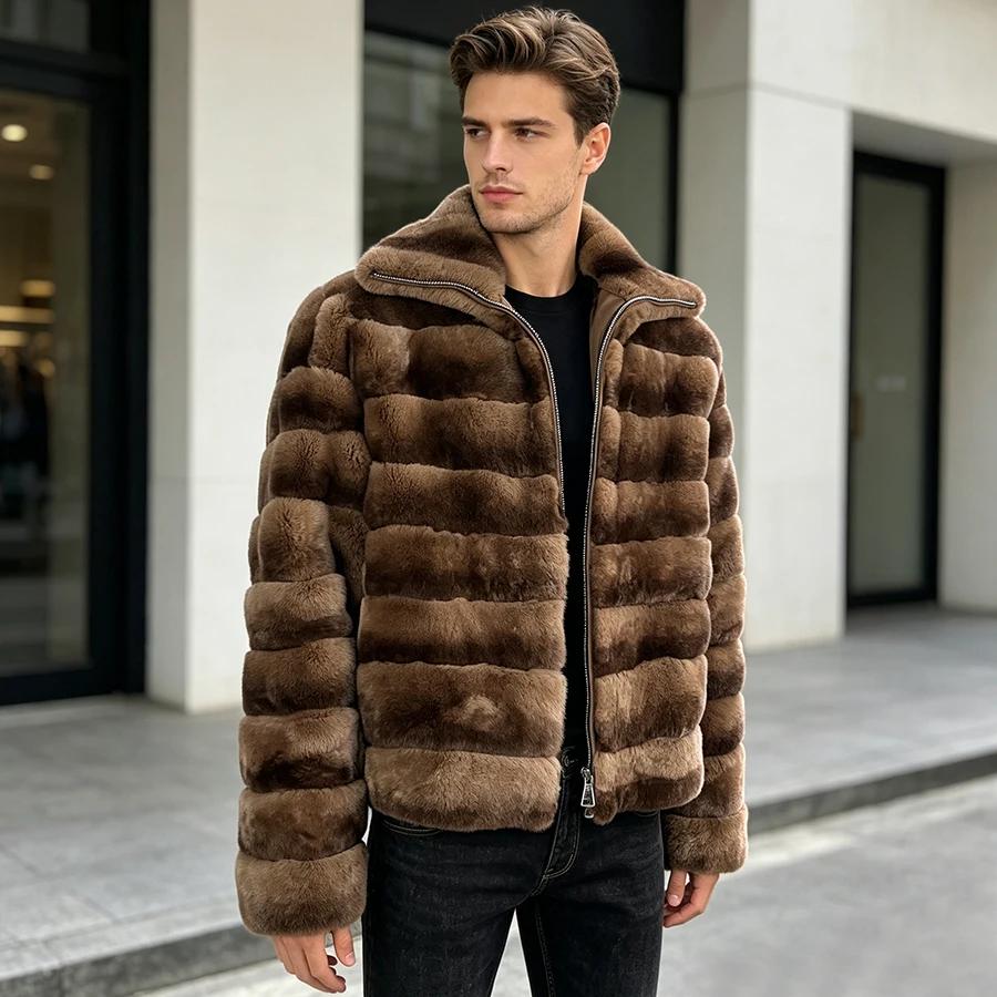 Veste en fourrure de lapin Rex véritable avec fermeture éclair, manteau en fourrure de chinchilla av