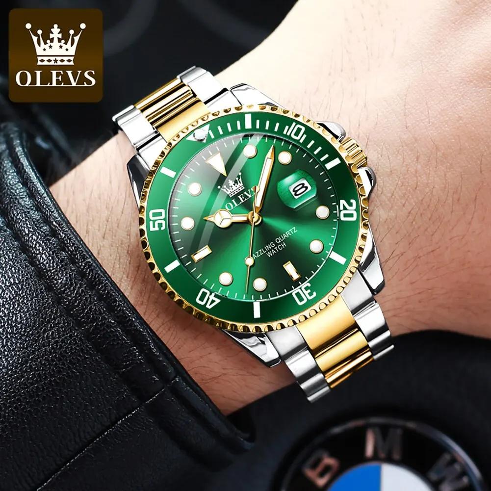 OLEVS-Montre à quartz étanche verte pour homme, acier inoxydable, montre-bracelet Shoous, luxe, haut