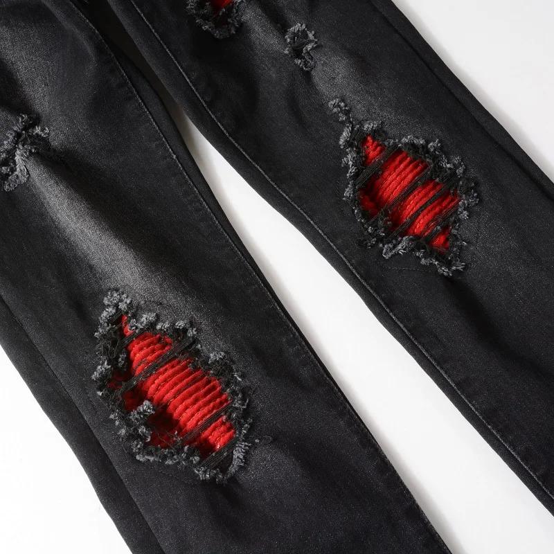 Jean de motard plissé rouge craquelé pour hommes, Streetwear, pantalon en Denim extensible, slim, ef
