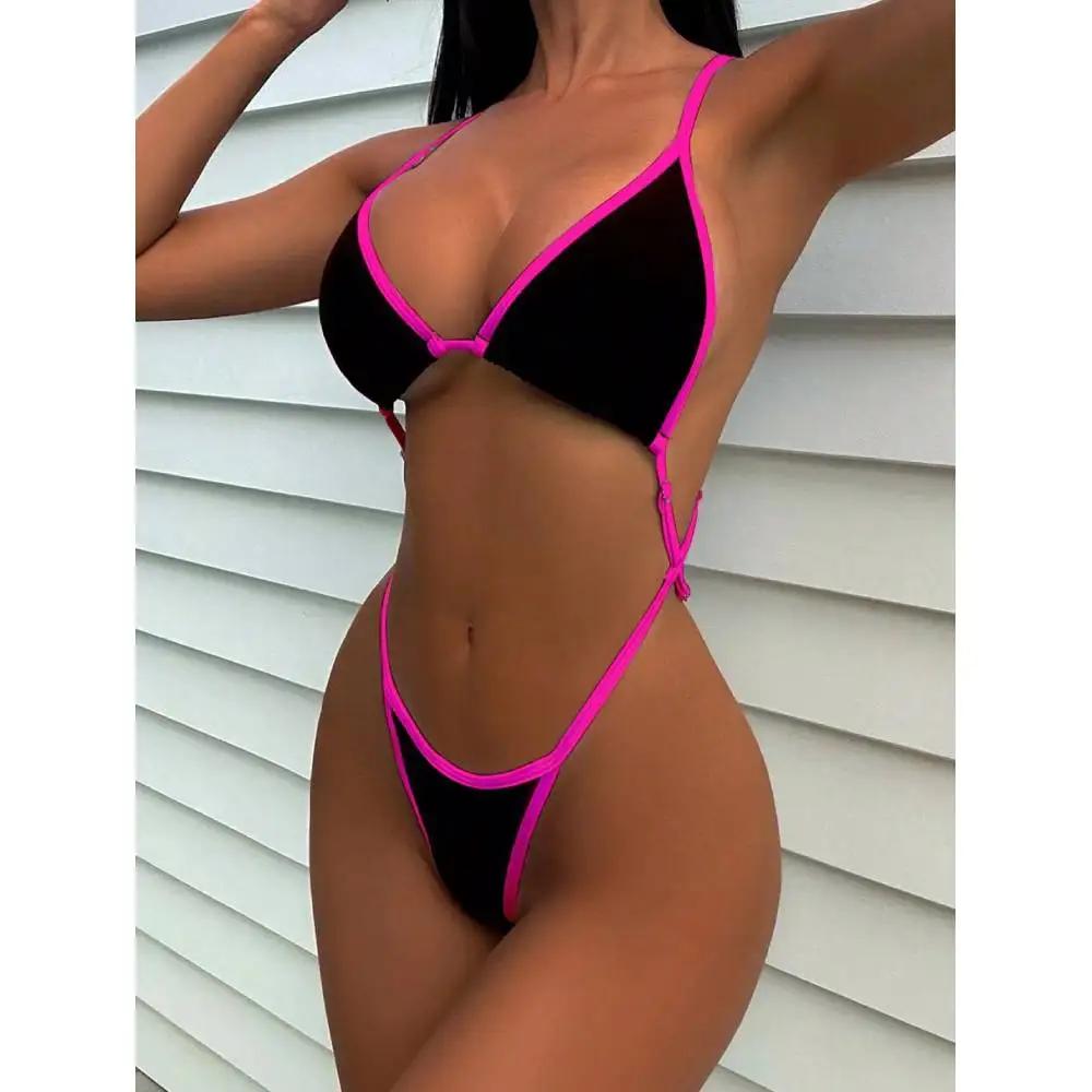 Cikini Summer Beach Maillot de bain une pièce avec bordure contrastée et col licou pour femme - Mail