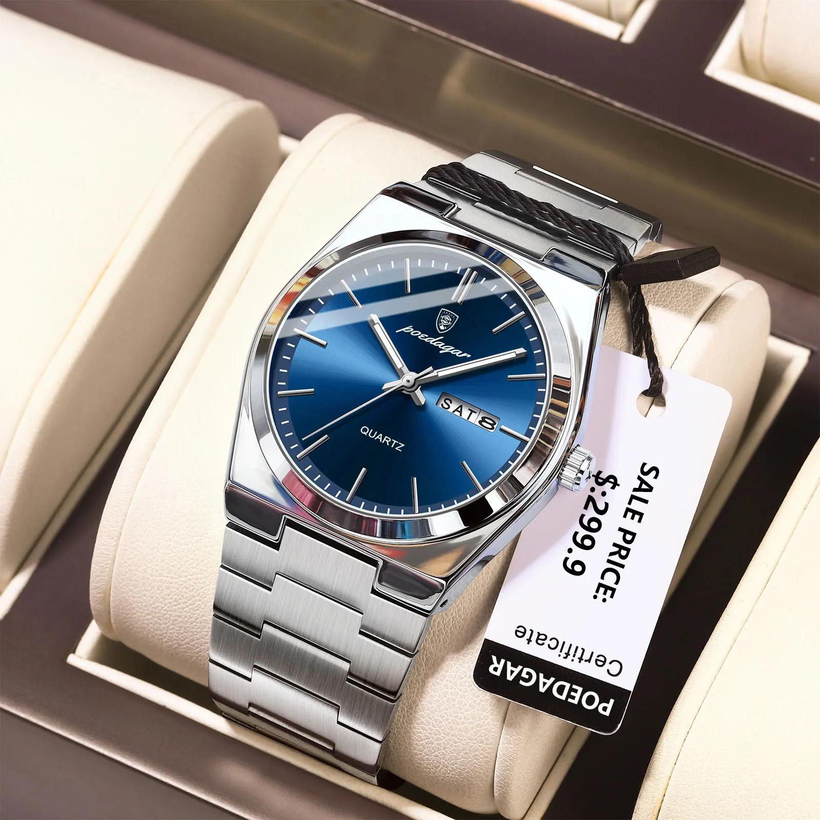 POEDAGAR montres de luxe pour hommes en acier inoxydable étanche lumineux homme montre Date semaine 