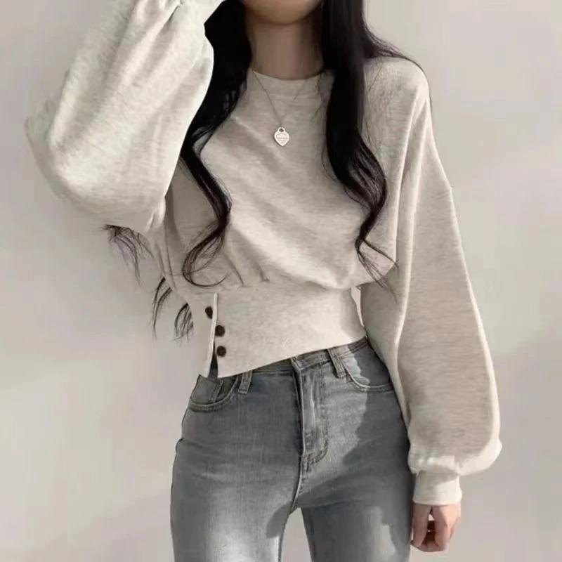 Haut court à col rond pour femme, couleur unie, manches lanternes, avec boutons, pull sportif Hip-Ho