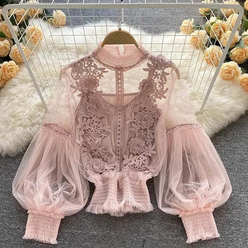 Dentelle bouffée à manches longues Blouse Vintage mode Blouses élégant Femme Blusas coréen Femme hau
