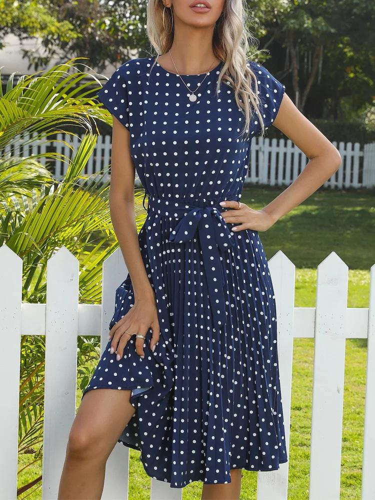 Benuynffy-Robe trapèze ceinturée à pois pour femmes, col rond, manches cape, longueur genou, froncée