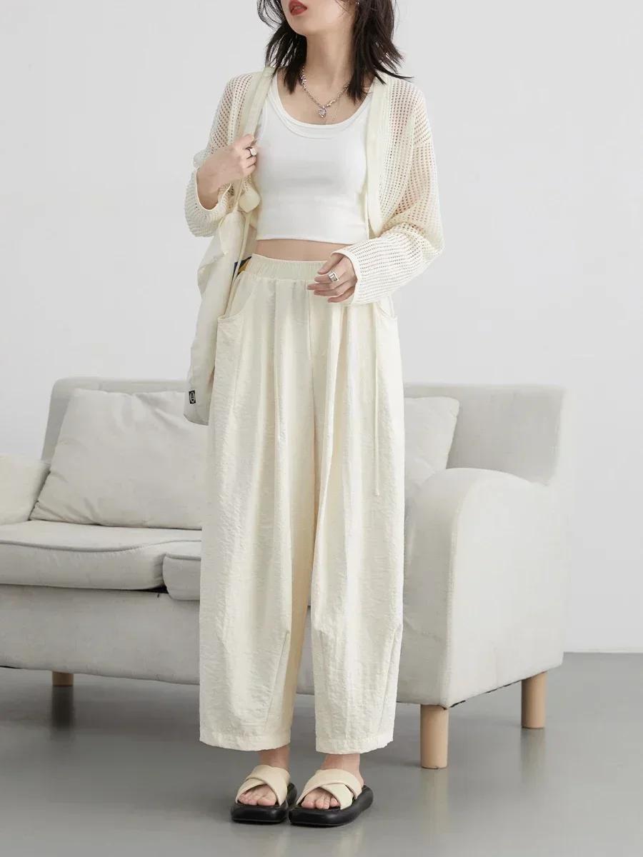 CHIC VEN femmes blanc pantalon solide décontracté taille élastique taille haute plissé jambe large f