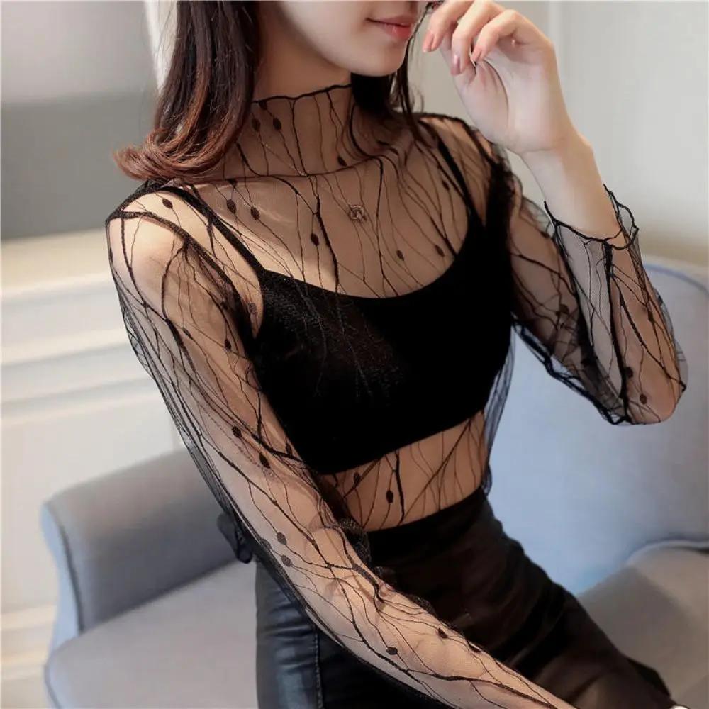 Femmes Sexy maille T-Shirts transparent Perspective t-shirt crème solaire hauts à manches longues ch