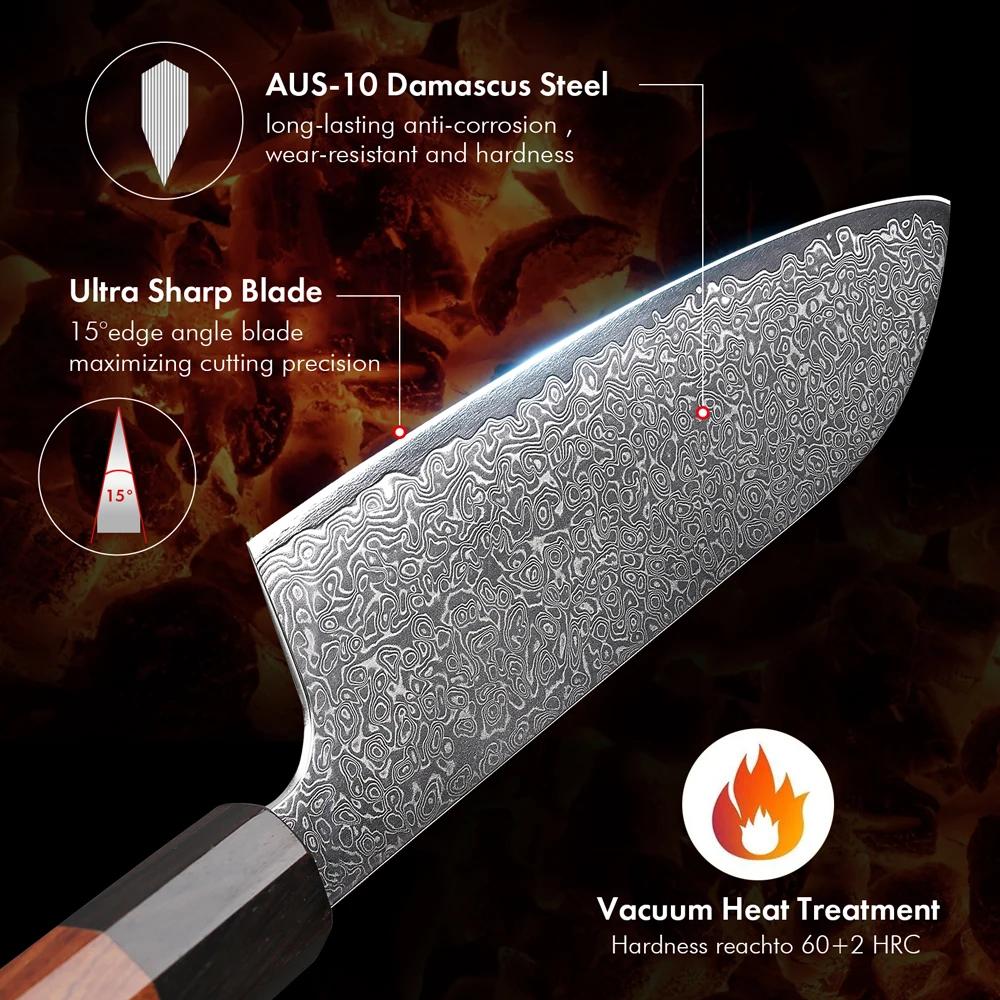 TURWHO – couteau Santoku de 7 pouces, couteaux de Chef de cuisine en acier damas, lame tranchante fa