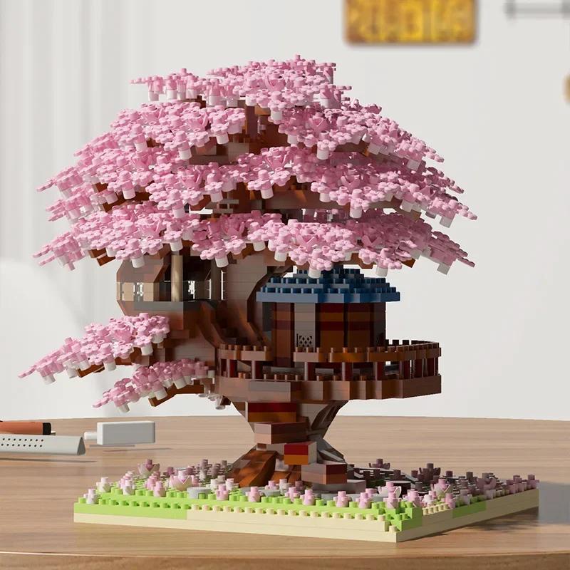 Ensemble de blocs de construction d'arbre de cerisier DIY, briques de cerisier en fleurs avec lumièr