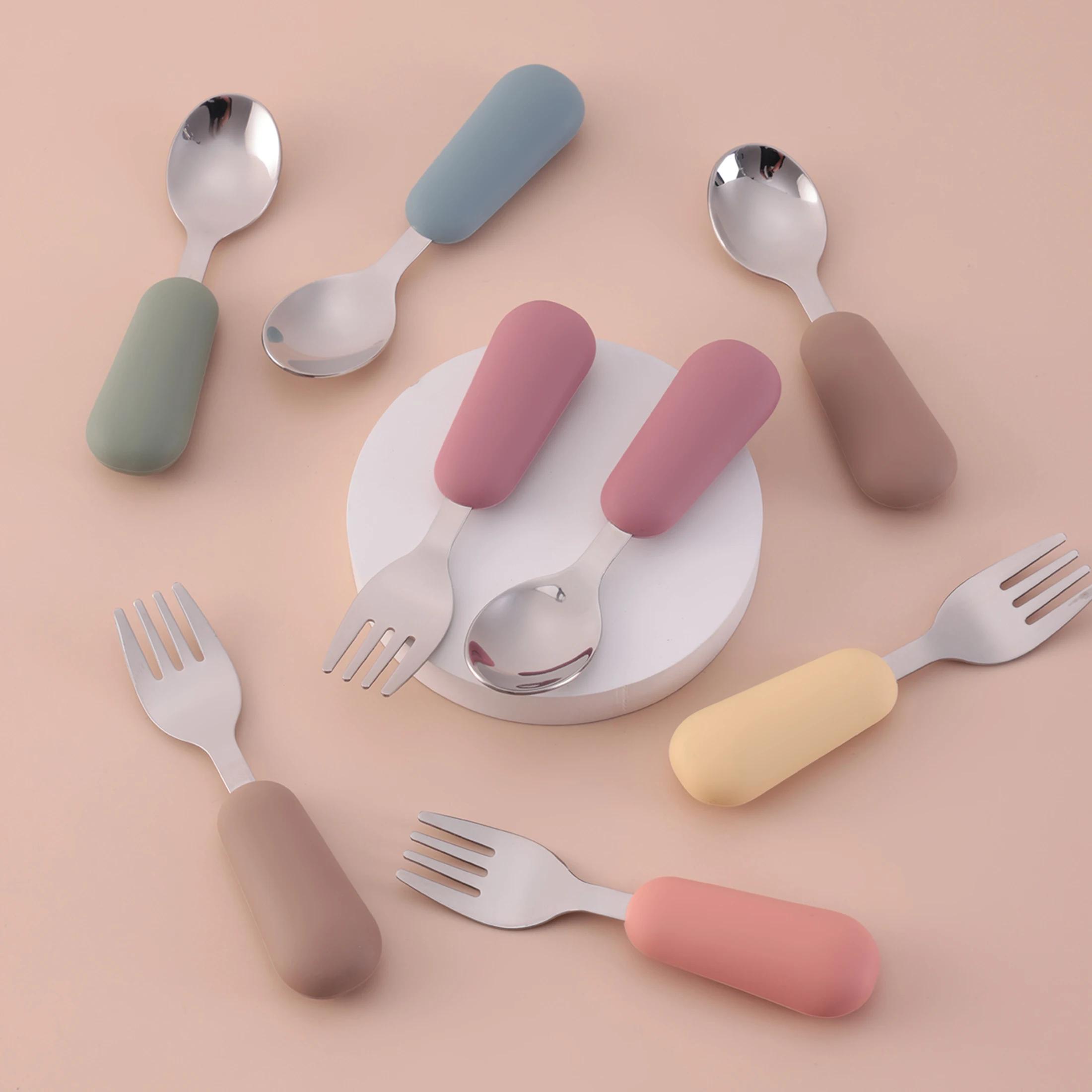 Couleur enfants 2 pièces fourchette cuillère en acier inoxydable ensemble d'alimentation pour bébé u
