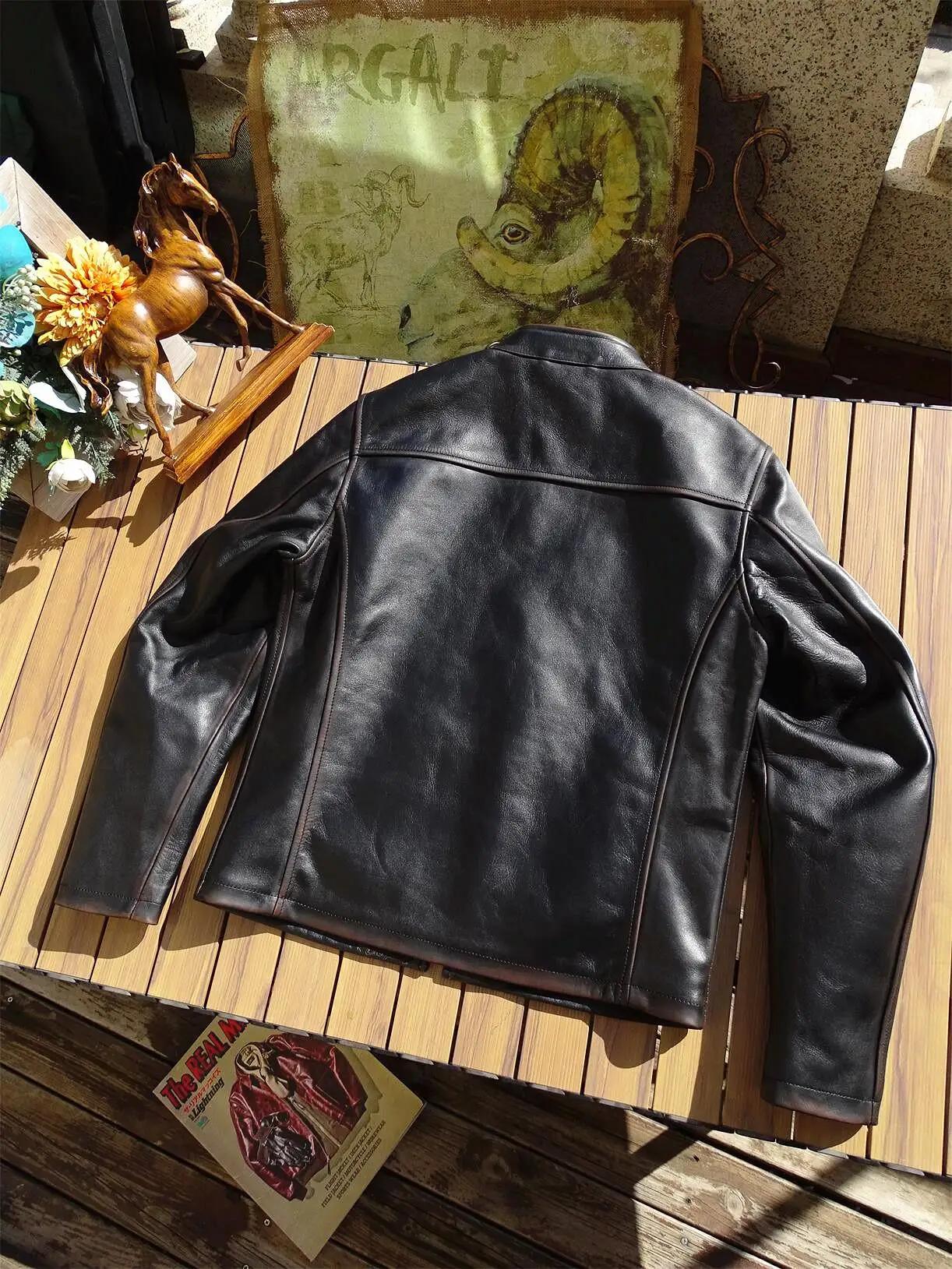 Veste en cuir de style vintage rétro noir pour hommes, manteau en cuir véritable, peau de cheval nat