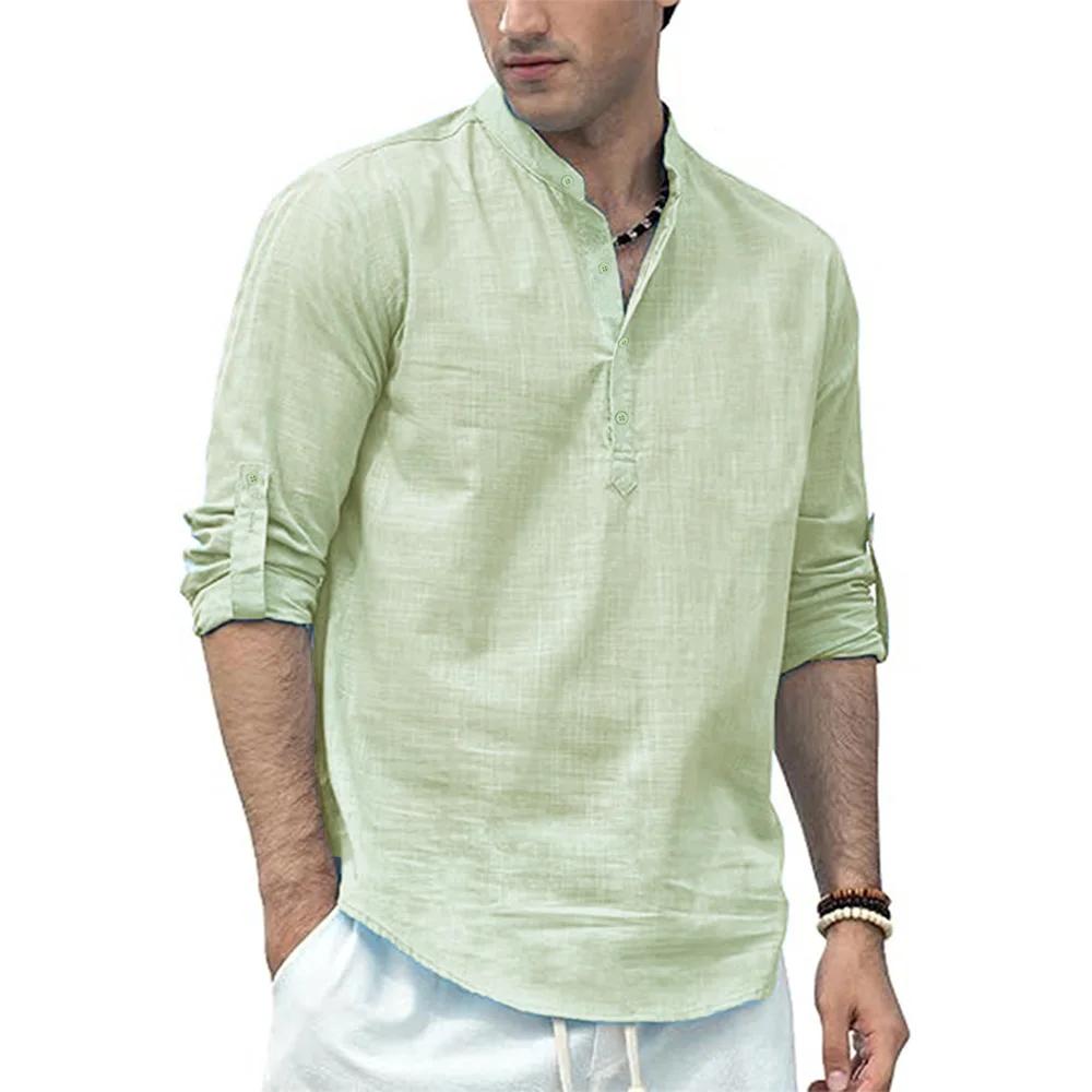 Polo à manches longues en coton et lin pour hommes, léger, col Henley, Style plage hawaïen, couleur 