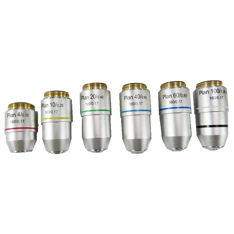 Objectif de Plan de Microscope biologique, lentille 4X 10X 20X 40X 60X 100X RMS, filetage 160/0.17
