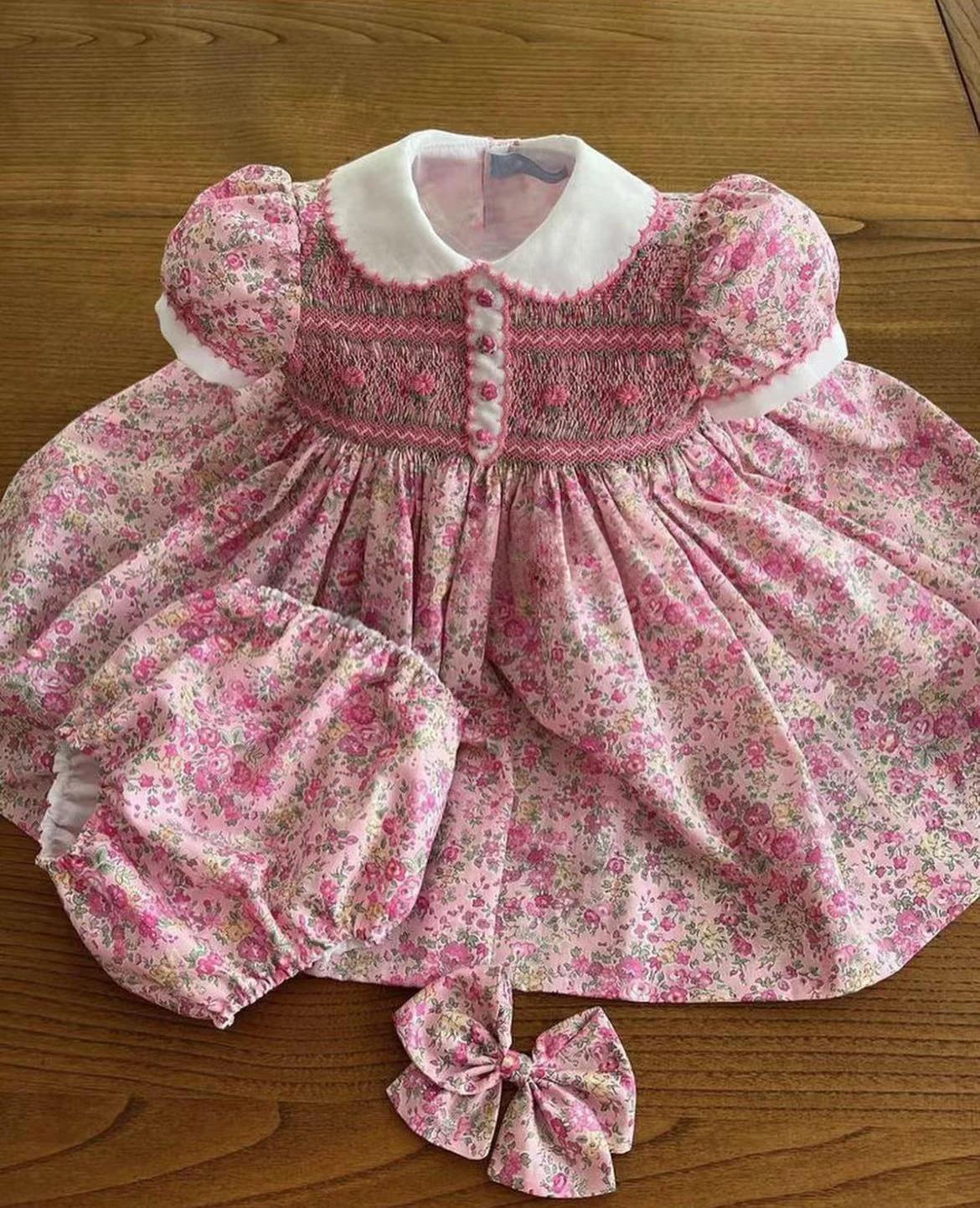 Robe d'été pour bébé fille de 0 à 12 ans, motif Floral rose, broderie smockée faite à la main, robe