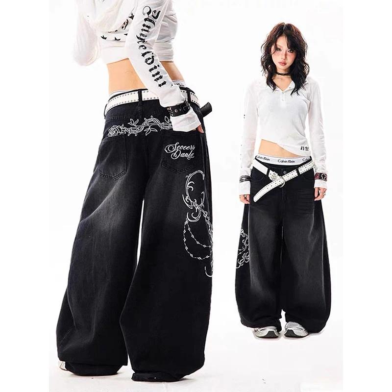 YIBASHU femmes Vintage broderie Y2K Baggy jean femme taille haute 2000s jambe large Denim pantalon a