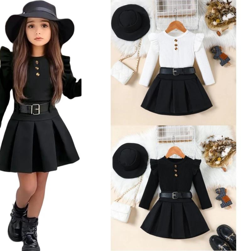 Tenues d'automne et d'hiver pour filles, ensemble 3 pièces, robe + ceinture + chapeau, nouveaux vête