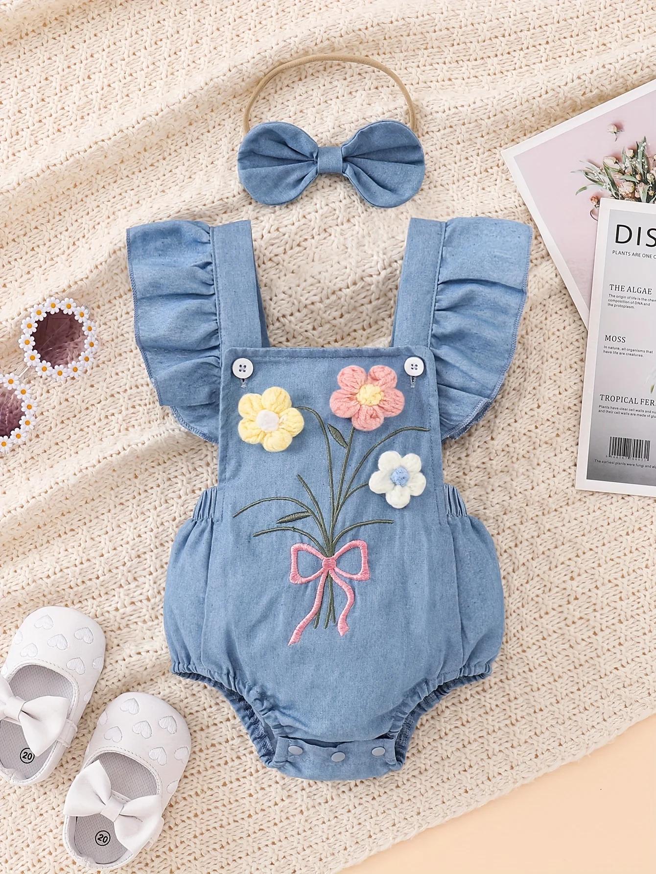 Barboteuse en Denim doux pour bébé fille, barboteuse flottante brodée de fleurs 3D + bandeau à nœud,
