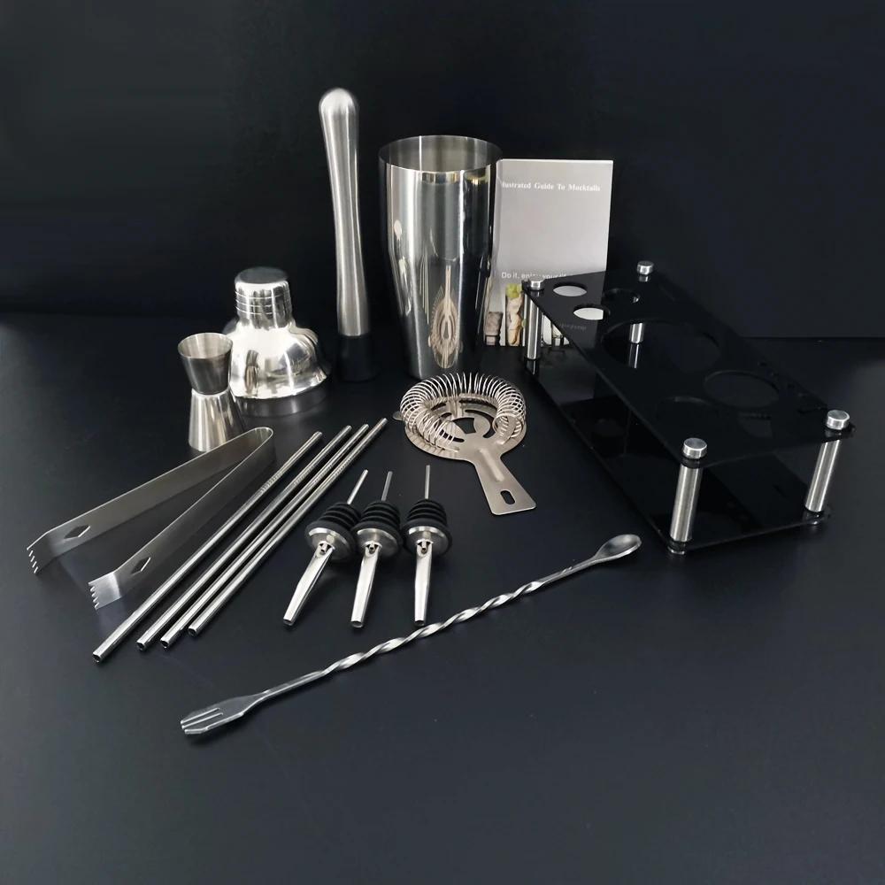 Ensemble de Shaker à Cocktail en Acier Inoxydable, Outils de Bar avec Support Noir, Shaker de 750ml,