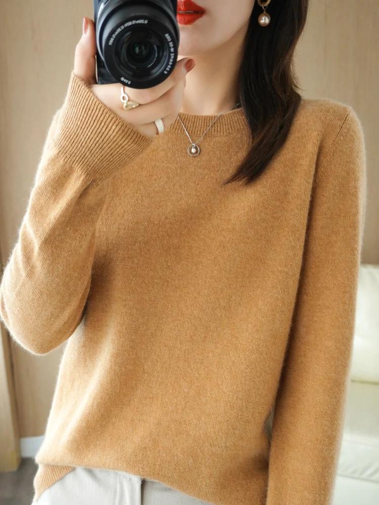 Pull en laine à manches longues et col rond pour femmes, pull basique, tricots en laine mérinos, sty