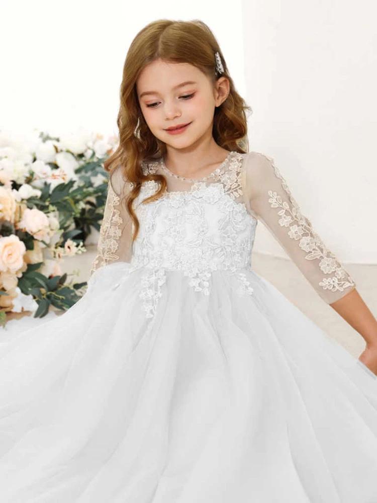 Robe de demoiselle d'honneur en dentelle avec des Appliques florales, manches 3/4, robe de bal en Tu