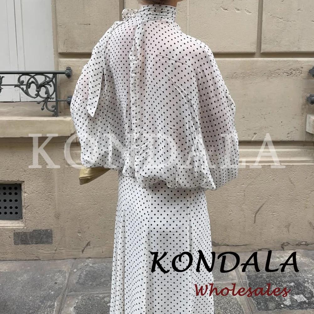 KONDALA Chic Ensemble Décontracté Femme à Pois avec Nœud, Chemise Ample Élégante + Jupe Longue Midi 