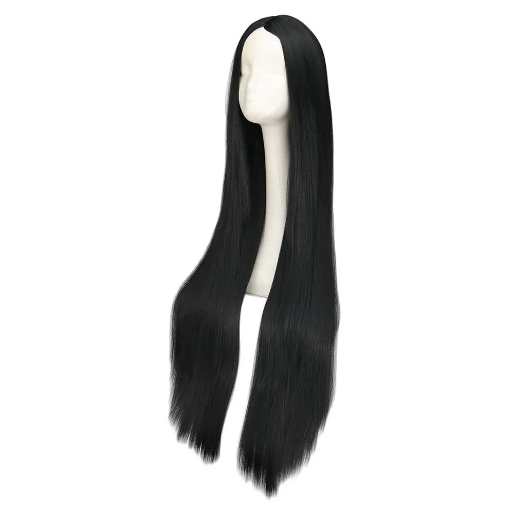 Perruque Synthétique Longue Noire de 100cm/40 ans, Cheveux Lisses, Degré de Chaleur, Costume de Carn