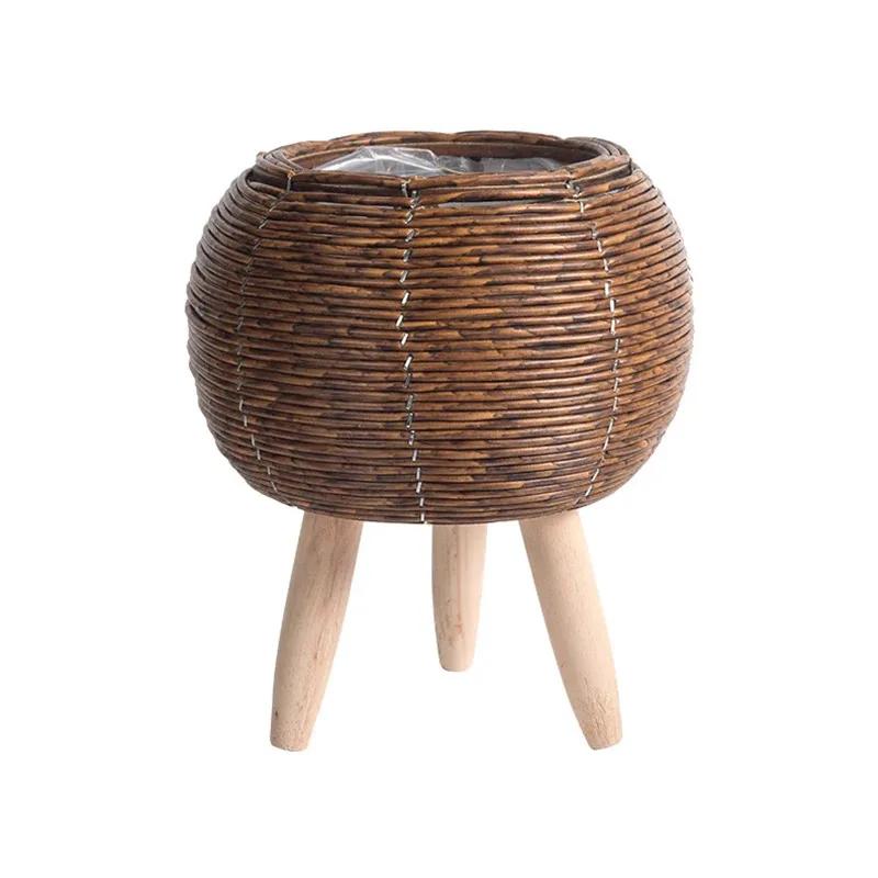 Étagère à fleurs nordique Imitation rotin Pot de fleur tissé panier de fleurs avec pieds amovibles s
