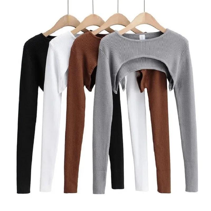 T-shirt tricoté à manches longues pour femmes, vêtements esthétiques Y2k, col rond, noir et blanc, S