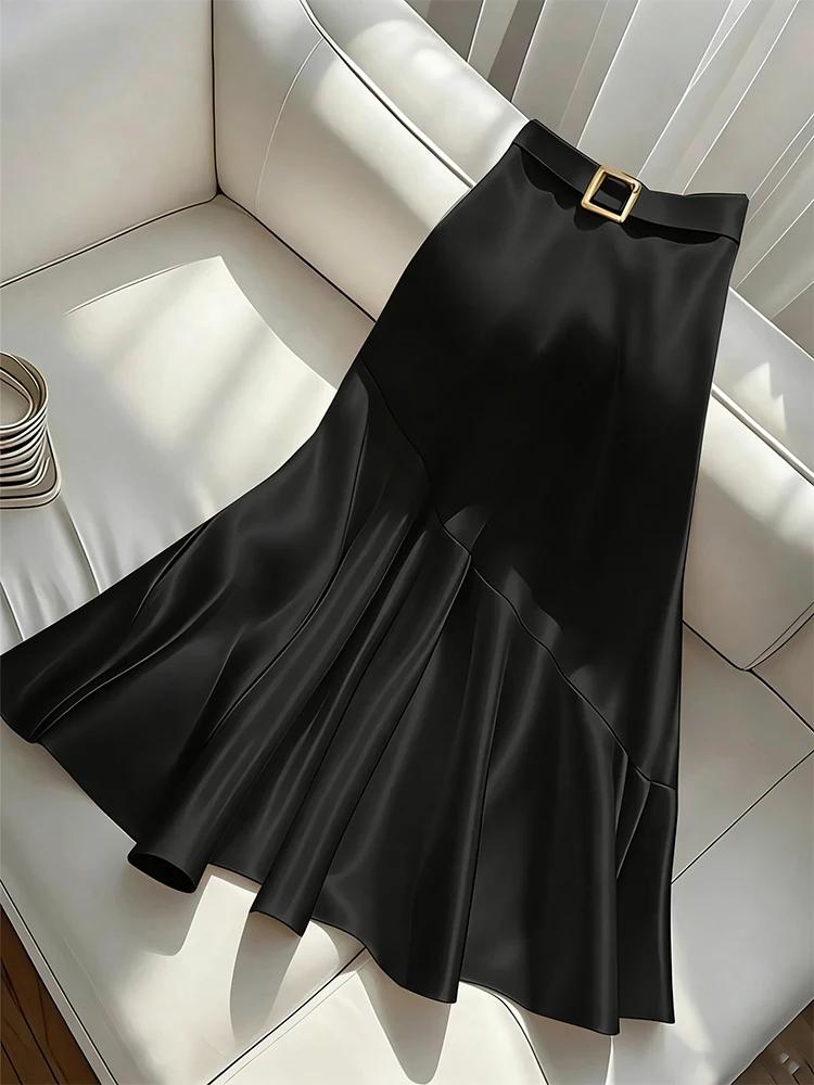 Demi-jupe trapèze en Satin pour femmes, nouveau Design Premium, élégant, couleur Pure, ceinture, col