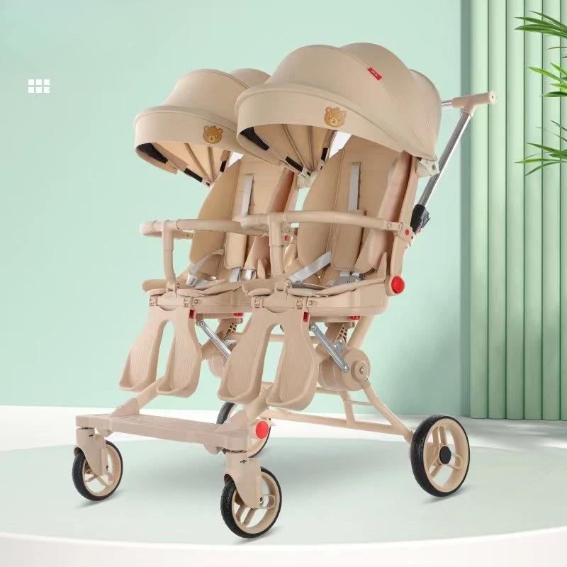 Poussette double réversible ‌   Cadre 4WD en acier au carbone avec auvent UV, landau pliable à une m