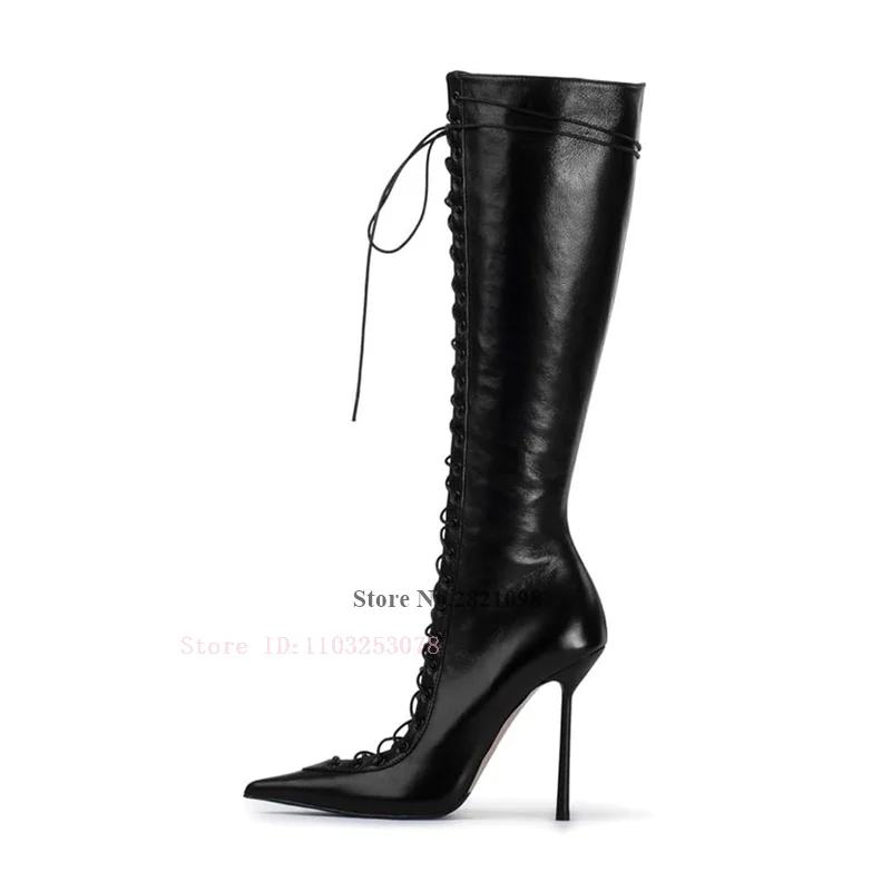 Thin Heeled Blue Denim Jeans Cut-Out Pointed Toe Front Lace-Up Fastening 120Mm Stiletto Heel Boots W