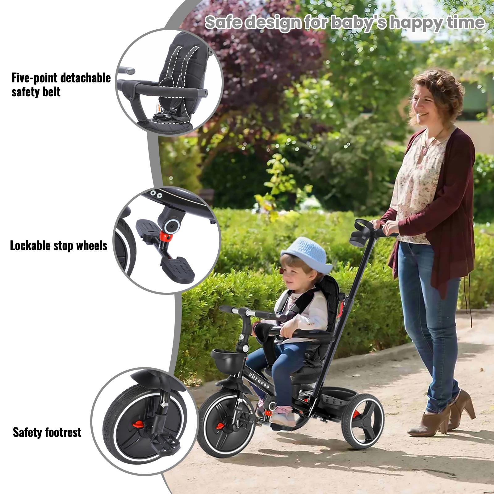 Tricycle pliable pour enfants avec poignée Parent réglable, freins de roue et capot amovible, Tricyc