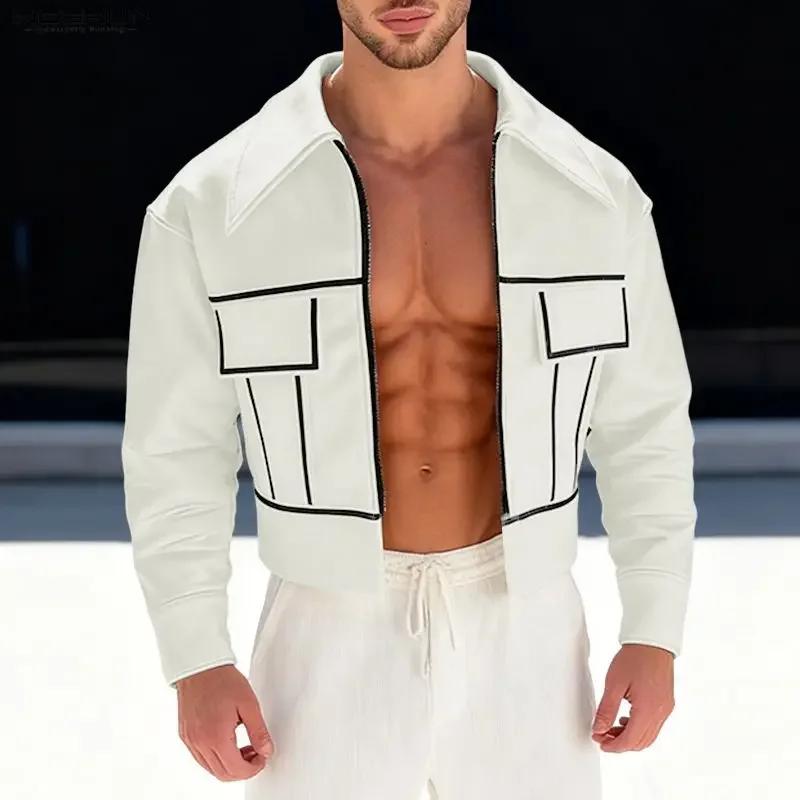 Vestes Homme INCERUN – Blousons Courts à Revers et Manches Longues avec Fermeture Éclair, Style Patc