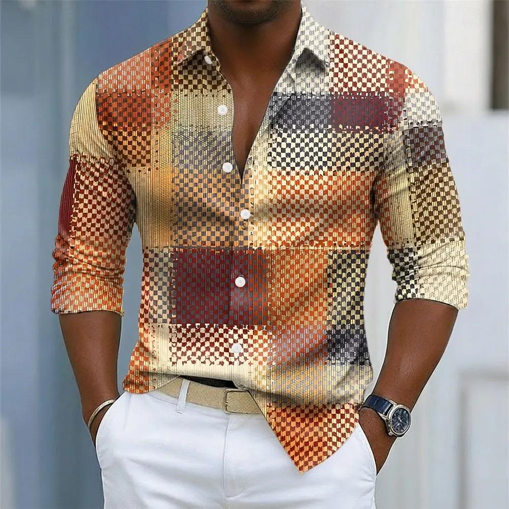 Chemise à carreaux pour hommes, bloc de couleur géométrique, motifs à carreaux, chemise boutonnée, m