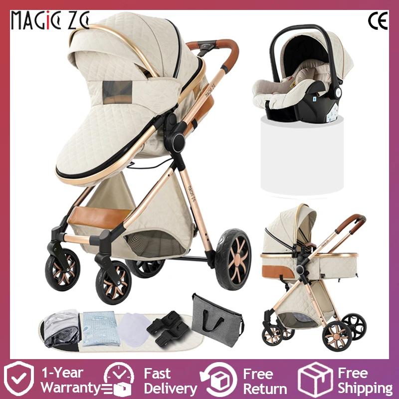 Poussette bébé 3 en 1 portable, landau et poussette de ville avec tissu respirant et mode de couchag