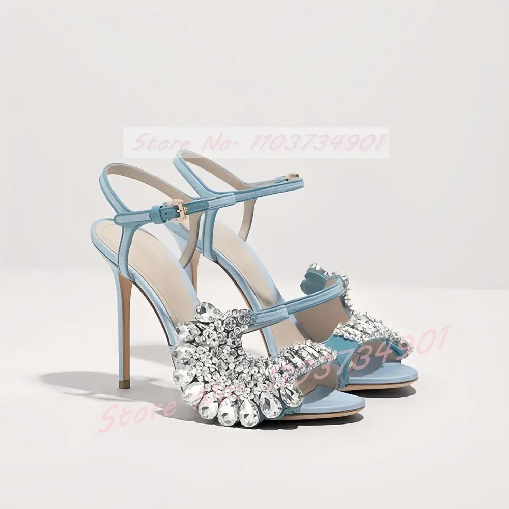 Bout ouvert cristaux fleur sandales femmes mariage luxe bride à la cheville bout rond talons aiguill