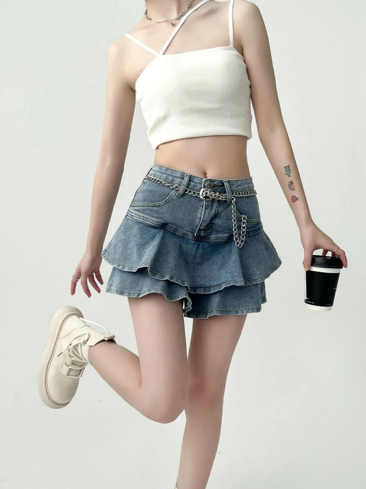Spice Girls jupe en jean anti-dérapant Double jupe en jean femme extensible taille haute minceur a-l