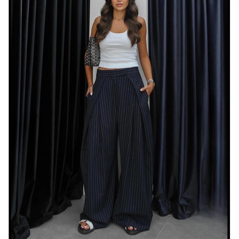 Pantalon Baggy Noir Plissé à Jambes Larges Rayé Décontracté Taille Haute pour Femme Printemps