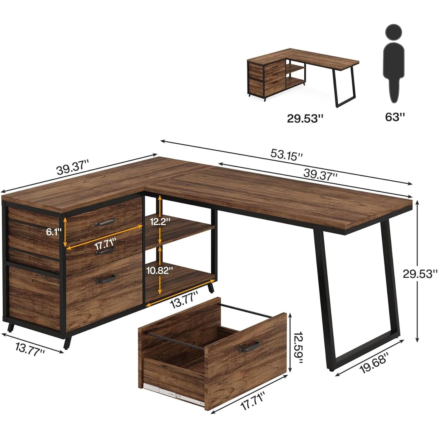 Bureau d'ordinateur en forme de L avec 3 tiroirs, bureau à domicile avec étagères, bureau PC industr