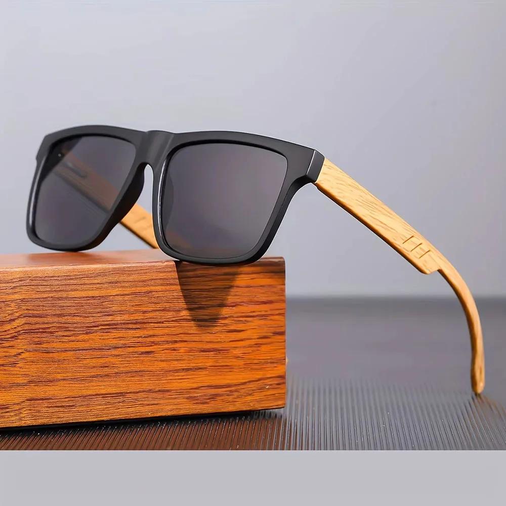 Lunettes de soleil carrées décontractées, Grain de bois, charnières à ressort, Protection UV400, uni