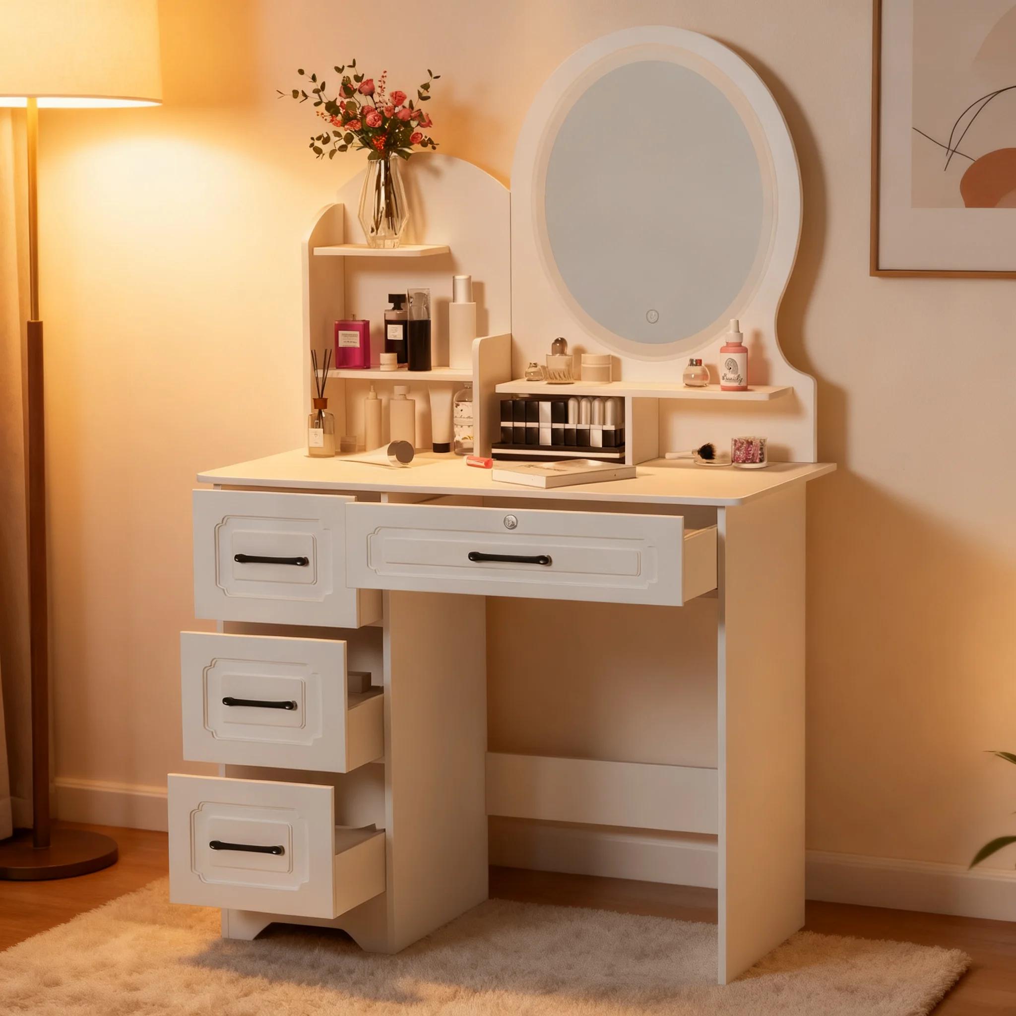 Table de maquillage moderne avec miroir et lumières, étagères de rangement supplémentaires, coiffeus