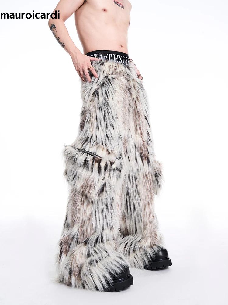 Mauroicardi automne hiver longue coloré épais chaud poilu moelleux fausse fourrure pantalon à jambes