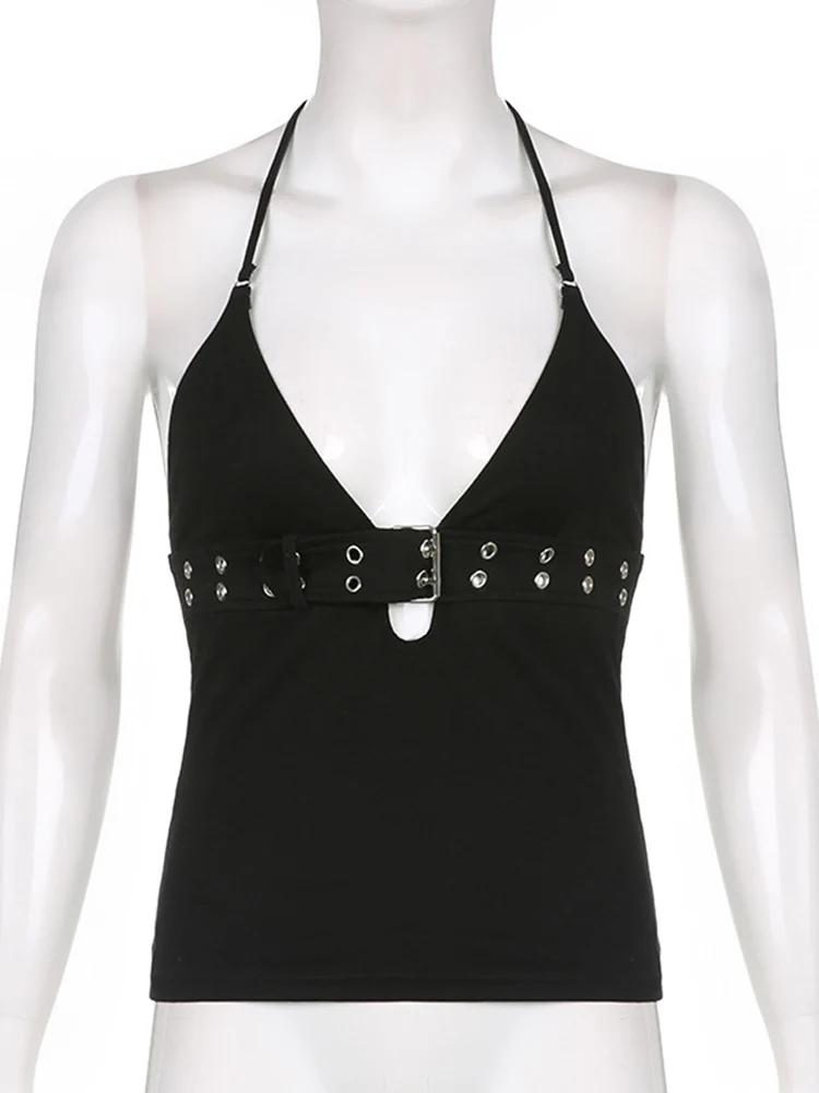 Y2k – haut court à bandes noir, dos nu, à lacets, mignon, fête, plage, été, sweat-shirt pour femmes,