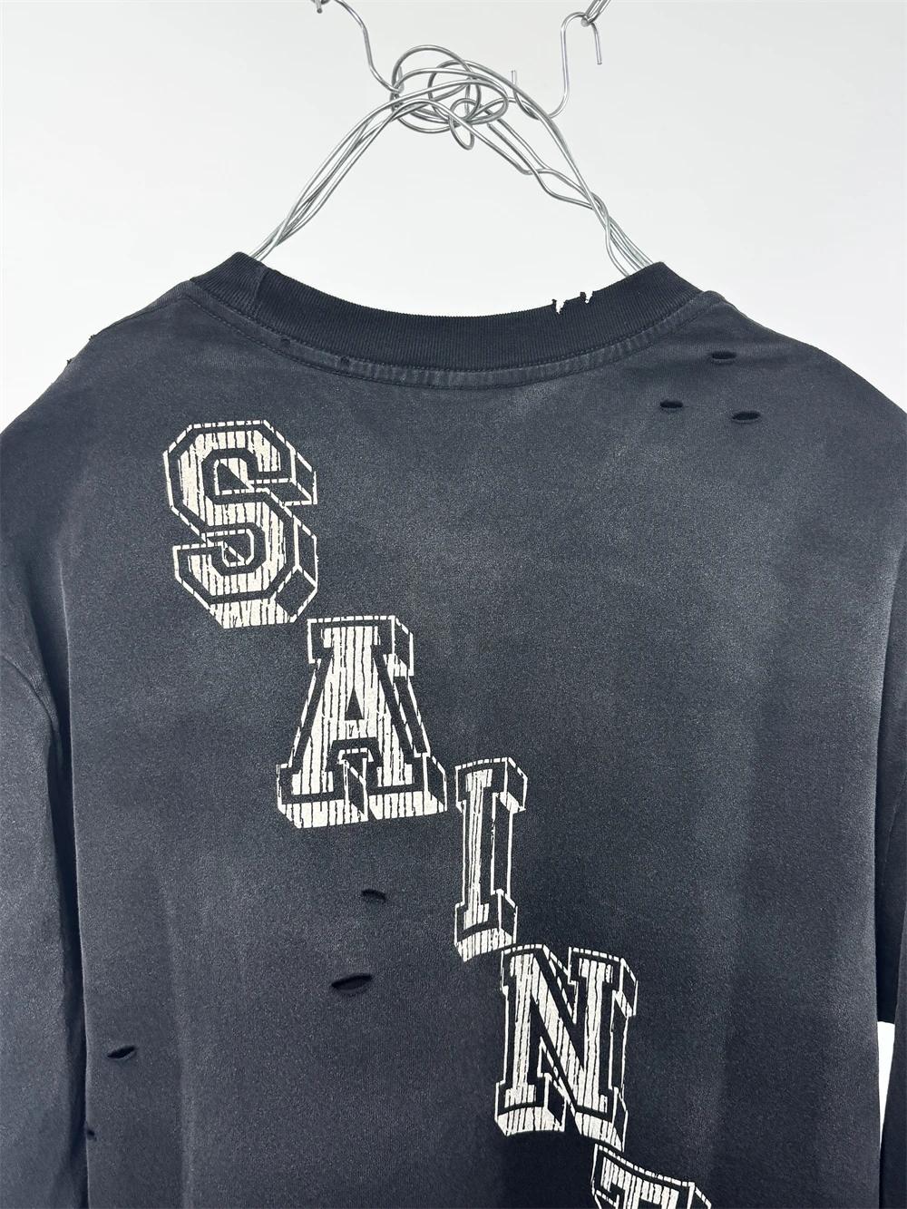 Vintage petit ange trou Saint manches longues lavé t-shirt hommes femmes haute qualité t-shirt hauts