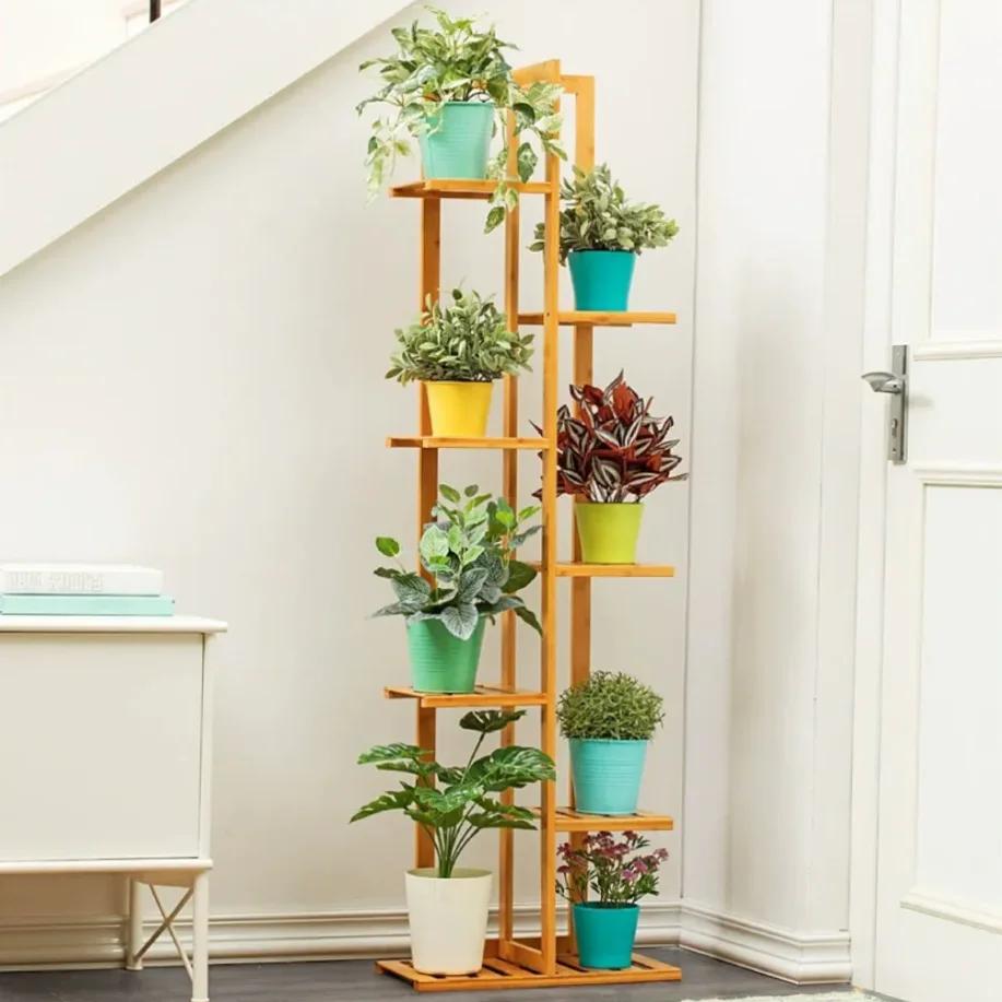 Grand Support d'Angle en Bambou T1 pour Plantes, Plusieurs Fleurs, Étagère d'Niket d'Extérieur